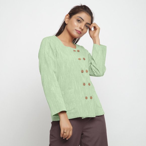 Green Cotton Button-Down Jacket, Yarn Dyed Double-Breasted Jacket, Solid Short L - Picture 1 of 9